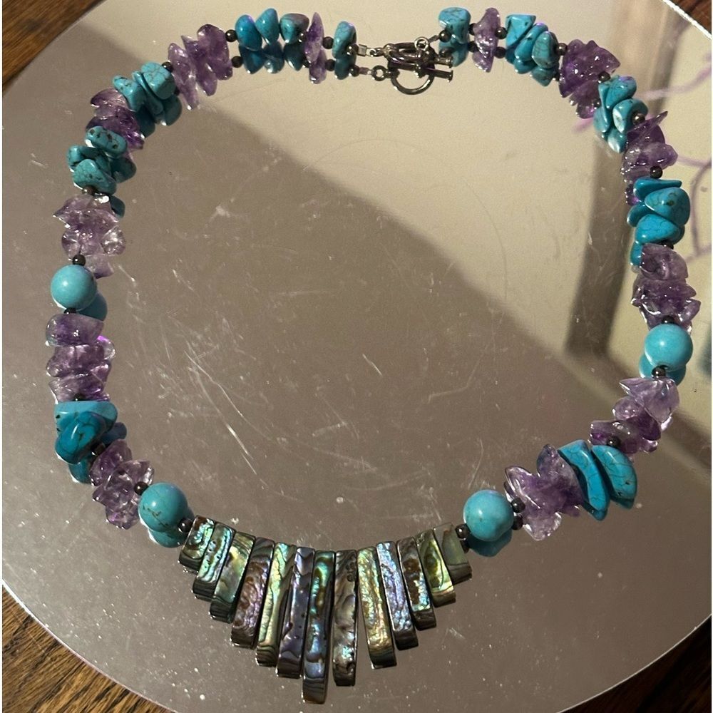 Sterling Silver Turquoise Amethyst Necklace with Abalone Spray. Total stunner! - Picture 1 of 4
